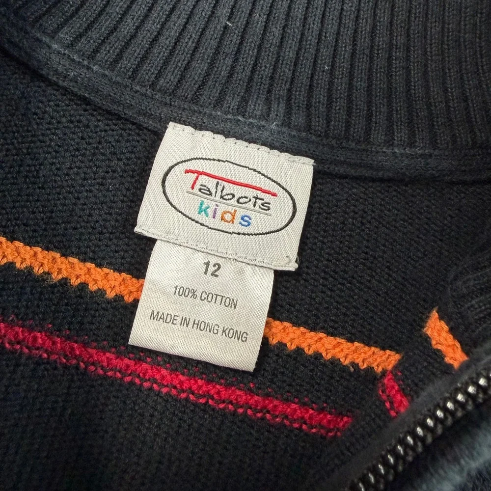 Vintage Talbots Kids Sweater Boys 12 Black Rainbow Stripe Quarter Zip Cotton